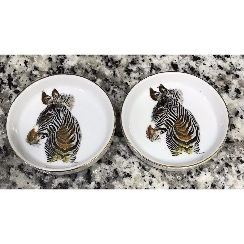 Vintage Enesco Born Free Zebra Fine China 2 Coaster Trinket Dish Gold Rim 1975